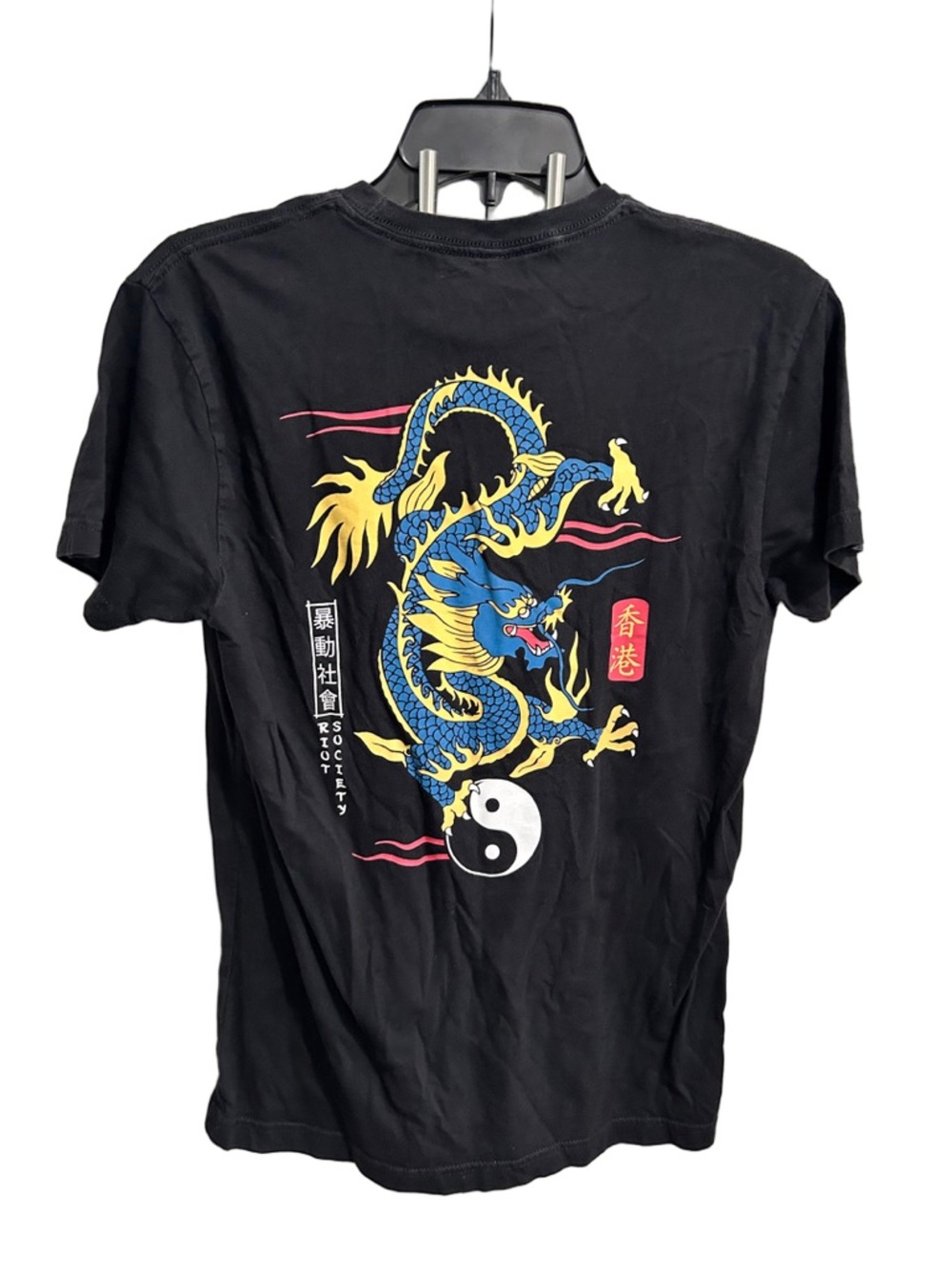 riot society Black Tee with Blue & Yellow Dragon Graphic